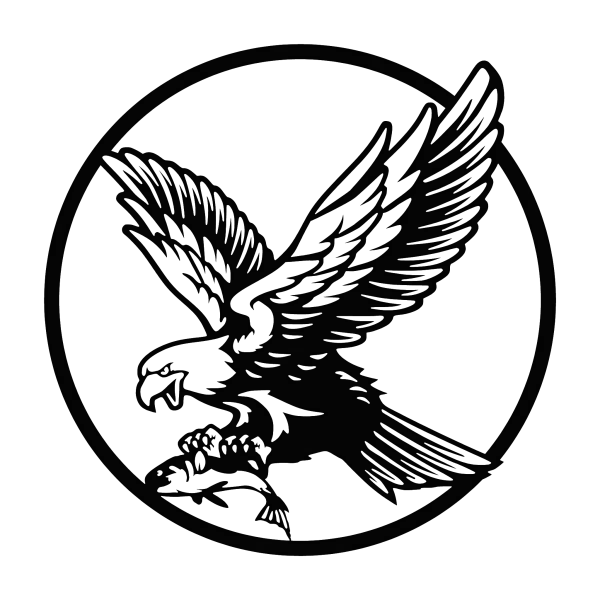 Round black steel wall art featuring a laser-cut design of an eagle in flight, wings spread, clutching a fish in its talons. Its circular form and detailed cutouts display the eagle's feathers and fish scales, ideal for rustic or outdoor decor.